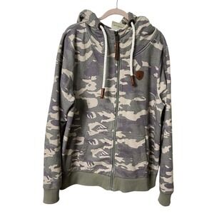 Wanakome Mens XL Camo Full Zip Hoodie Green Grey Camouflage Leather Accents